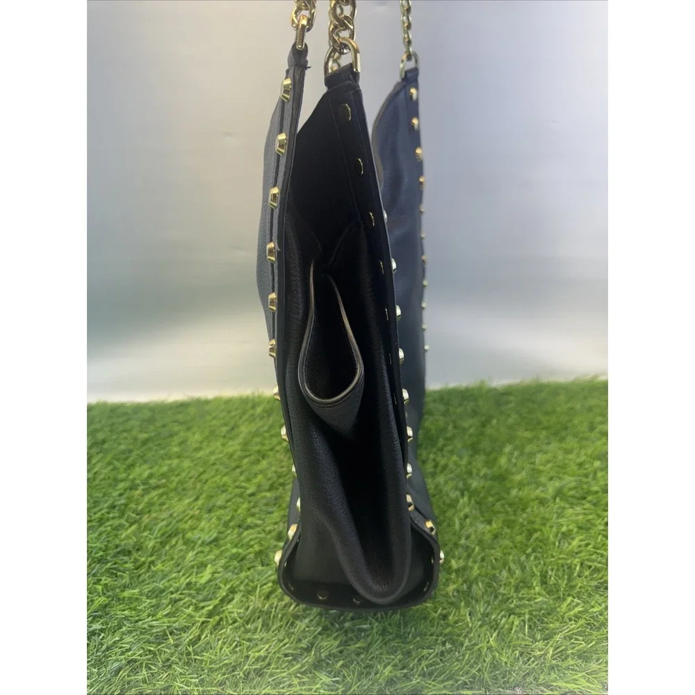 MICHAEL KORS Newbury Black STUDDED Gold Chain BLACK Leather HOBO Bag Tote Purse